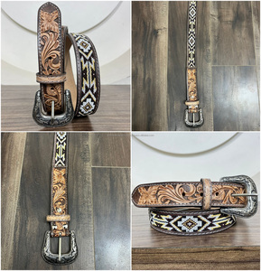 Vente en gros de ceinture perlée Cowboy ceinture western en cuir de vache avec design floral repoussé à la main au meilleur prix pour hommes et femmes - Product Image 3