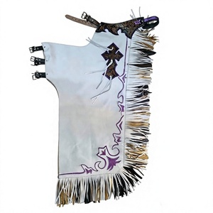 Premium <b>White</b> Hand-Tooled <b>Leather</b> Rodeo Chaps Featuring Multi-Color Fringe and Cross Applique - Product Image 1