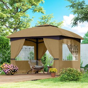 11 'X 11' Gazebo esterno del Patio del doppio tetto con le finestre della chiesa ha galvanizzato la struttura d'acciaio e le tende Beige baldacchino & Pergola - Product Image 2