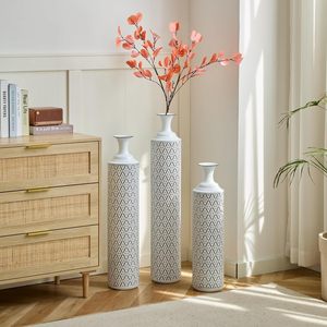 Minimalist Coastal Iron Floor <b>Vases</b> <b>Set</b> with Geometric Pattern White and Black Eco-Friendly for Modern Home Decor - Product Image 1