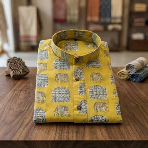 <b>Men's</b> <b>Yellow</b> Elephant Print 100% Cotton Breathable Knitted Full Sleeve Mandarin Collar Casual <b>Shirt</b> Summer Wear - Product Image 3