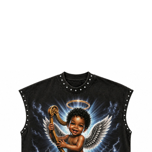 Débardeur en coton personnalisé, effet délavé vintage, clouté, épais, avec imprimé graphique Angel Harp, à épaules tombantes, sans manches, style streetwear - Product Image 6