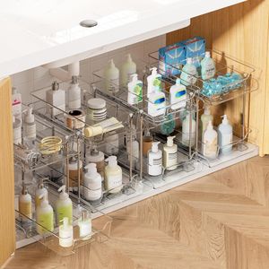 4 Pack 2-Tier Clear Bathroom Sink Organizers Pull Out Medicine Cabinet Storage for <b>Kitchen</b> <b>Pantry</b> - Product Image 1