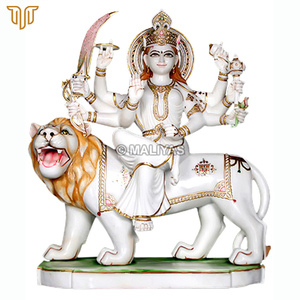 White Marble Durga Devi on Lion | Elegant Four Armed Mata Murti with Ornate Crown and Sacred Weapons by MALIYAS Jaipur - Product Image 2