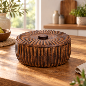 Casserole ronde en bois artisanale avec couvercle en acier inoxydable, isolée, écologique et durable - Product Image 2