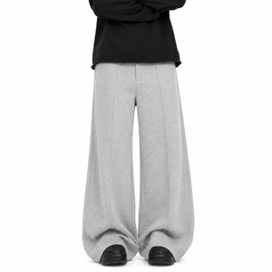 Pantalon large gris pour femme 2026, taille haute élastique, coupe ample, longueur intégrale, couleur unie, en molleton de coton, décontracté, pour l'automne - Product Image 3