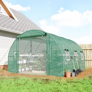 Serre tunnel autoportante en bois 10FT X11FT X6FT pour la maison avec étagères, porte en maille, fenêtres et couverture en PE, verte - Product Image 2