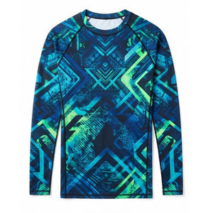 เสื้อรัดรูปแขนยาวสำหรับผู้ชาย พิมพ์ลายแบบ Heat-Transfer สีน้ำเงินส้ม ลายเรขาคณิต แห้งเร็ว ป้องกันแบคทีเรีย - Product Image 6
