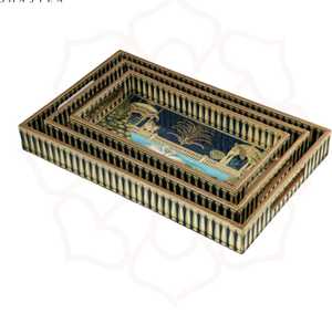 Plateau de service en bois imprimé émail, ensemble de 3 pièces, motif cygne gravé or, Art Déco, décoratif haut de gamme pour la maison et la cuisine - Product Image 3
