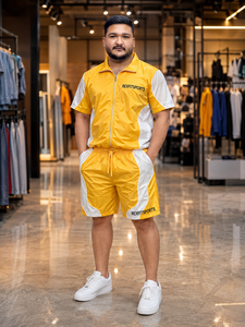 REXFIT SPORTS 2026 ชุดกีฬาผู้ชายแบบกำหนดเอง สีเหลืองขาว ผ้าไนลอน เสื้อแจ็คเก็ตแขนสั้นแบบซิปเต็มตัวและกางเกงขาสั้น - Product Image 3