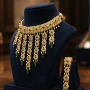 Gold Plated Emerald Cut <b>Pearl</b> <b>Choker</b> Necklace Set with Tassel Design for Women Wedding Classic Jewelry Sets - Product Image 6