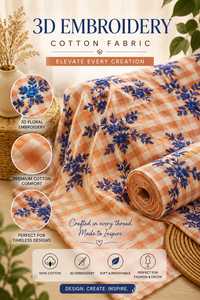 Tissu en coton à carreaux orange de qualité supérieure, brodé en 3D – Motif floral audacieux pour vêtements et décoration intérieure - Product Image 5