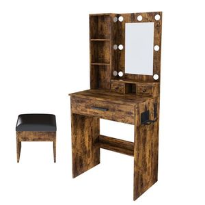 Toeletta Compatta in Stile Europeo con Specchio a Luci LED Regolabili, Presa di Corrente e Supporto per Asciugacapelli, Sgabello per Spazi Ridotti - Product Image 5