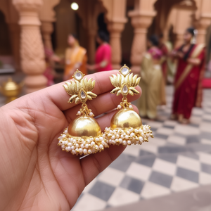 18K Gold Plated Pearl Drop Jhumki Earrings-Classic Religious Charm Earrings - Product Image 3