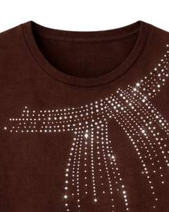T-shirt en coton marron personnalisé pour femme avec strass et pompons, manches courtes, col rond, haut décontracté et tendance pour femme, vente en gros sur mesure - Product Image 4