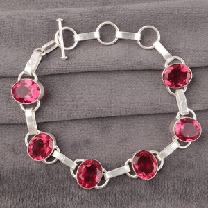 Pink Tourmaline Sterling <b>Silver</b> Adjustable Bezel Gemstone Luxury <b>Charm</b> <b>Bracelet</b>-High Quality Women's Anniversary Gift - Product Image 1