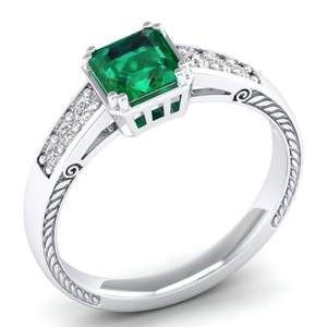 Bague de fiançailles REYES, nouveau design, or blanc 14 carats, émeraude taille émeraude 0,75 carat, pierre précieuse émeraude, bijoux de mariage pour femmes, cadeaux en moissanite - Product Image 2