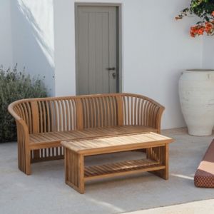 Modern Solid Teak <b>Garden</b> Set Fluted Slat Curved Outdoor Patio <b>Bench</b> Coffee <b>Table</b> Villa Resort Backyard Contract Furniture Supply - Product Image 1