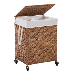 Cesto Portabiancheria in Giacinto d'Acqua Naturale Intrecciato a 2 Sezioni da 100L con Coperchio e Ruote per Facilità di Spostamento - Product Image 1