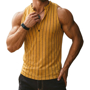 Custom Logo Men's Striped Sleeveless Muscle Vest Wholesale Athletic Henley Tank Top Breathable <b>Stand</b> Collar Tank Tops For Men - Product Image 5