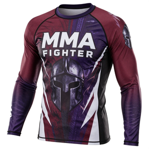 เสื้อรัดกล้ามเนื้อสำหรับนักกีฬา MMA พิมพ์ลายโลโก้ตามสั่ง แขนยาว ระบายอากาศเร็ว สีม่วง สีแดงเลือดหมู สีดำ - Product Image 3