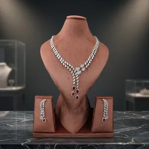 Parure de bijoux élégante en laiton plaqué rhodium avec rubis rouges et zircone cubique, collier et boucles d'oreilles, pour mariée et mariage - Product Image 2