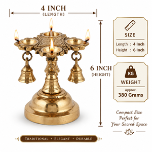 Lámpara de aceite Diya de latón con campanas colgantes, decoración tradicional para Puja, decoración para el hogar y el templo para el festival Diwali, lámparas de latón indias hechas a mano - Product Image 5