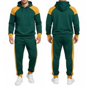 Conjunto Deportivo OEM para Hombre en Verde Bosque y Dorado Mostaza – Sudadera con Capucha de Manga Raglán y Puños en Contraste, Pantalón a Juego - Product Image 3