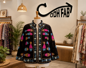 Brown Fish Embroidered <b>Velvet</b> <b>Jacket</b> <b>Women</b> Handmade Suzani Boho Coat Vintage Ethnic Designer Outerwear Wholesale Exporter India - Product Image 1