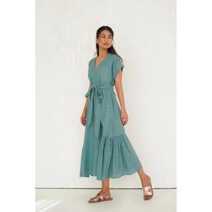 Vestido Maxi con Corte en A, Cuello en V, Manga Corta, Diseño de Puntos, Estilo Cruzado, Plisado, Ligero y Transpirable para Mujer - Product Image 5