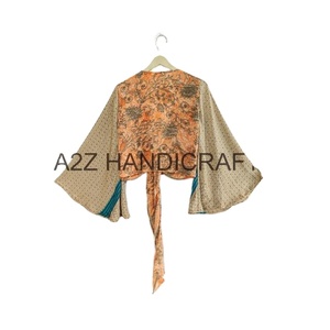 Floral Print <b>Tie</b> Summer Wear Crop Top Long Bell Sleeve Front <b>Tie</b> Silk Top Bohemian Hippie <b>Wrap</b> Silk Crop Top - Product Image 3