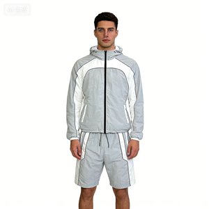 Men's Contrast Panel Windbreaker and Shorts Set Zip Front Hooded Sportswear for Training Activities - Product Image 6