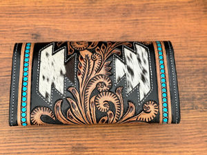 Western <b>Hair</b> on Tooled Leather Women's Wallet Hot Sale Turquoise and Black Leather Wallet High Quality Organizer Carryall Wallet - Product Image 4