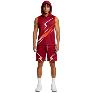 Men's Red Hooded Sleeveless Tank Top With Geometric Print Quick Dry Streetwear Set - Product Image 1