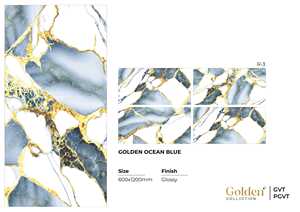 Azulejos de Porcelana Brillante de 600x1200mm, Azul Aqua con Vetas Doradas, Diseño Bookmatch GVT PGVT, para Pisos y Paredes - Product Image 4