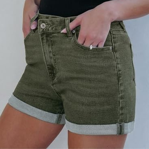 Shorts de mezclilla asimétricos personalizados para mujer con cintura cruzada, dobladillo con vuelta, color verde oliva, de cintura alta, de algodón, para verano, ¡Oferta caliente! - Product Image 4