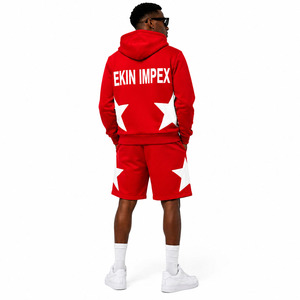 Custom Logo Men's Red Hooded Tracksuit Set White <b>Star</b> Panel Design Zip-Up Hoodie <b>Jacket</b> Shorts Combo Premium Cotton Fleece OEM - Product Image 4