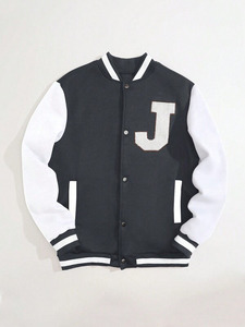 Blouson universitaire de baseball noir et blanc unisexe en polaire épais coupe-vent avec patch lettres sur le devant et boutons-pression style streetwear - Product Image 1