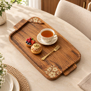 Bandeja de Madera Artesanal con Diseño Floral, Asas de Madera Natural, Plato Rectangular para Servir, Decoración para Mesa de Comedor |   Exhibidores de Cocina Refinados - Product Image 4