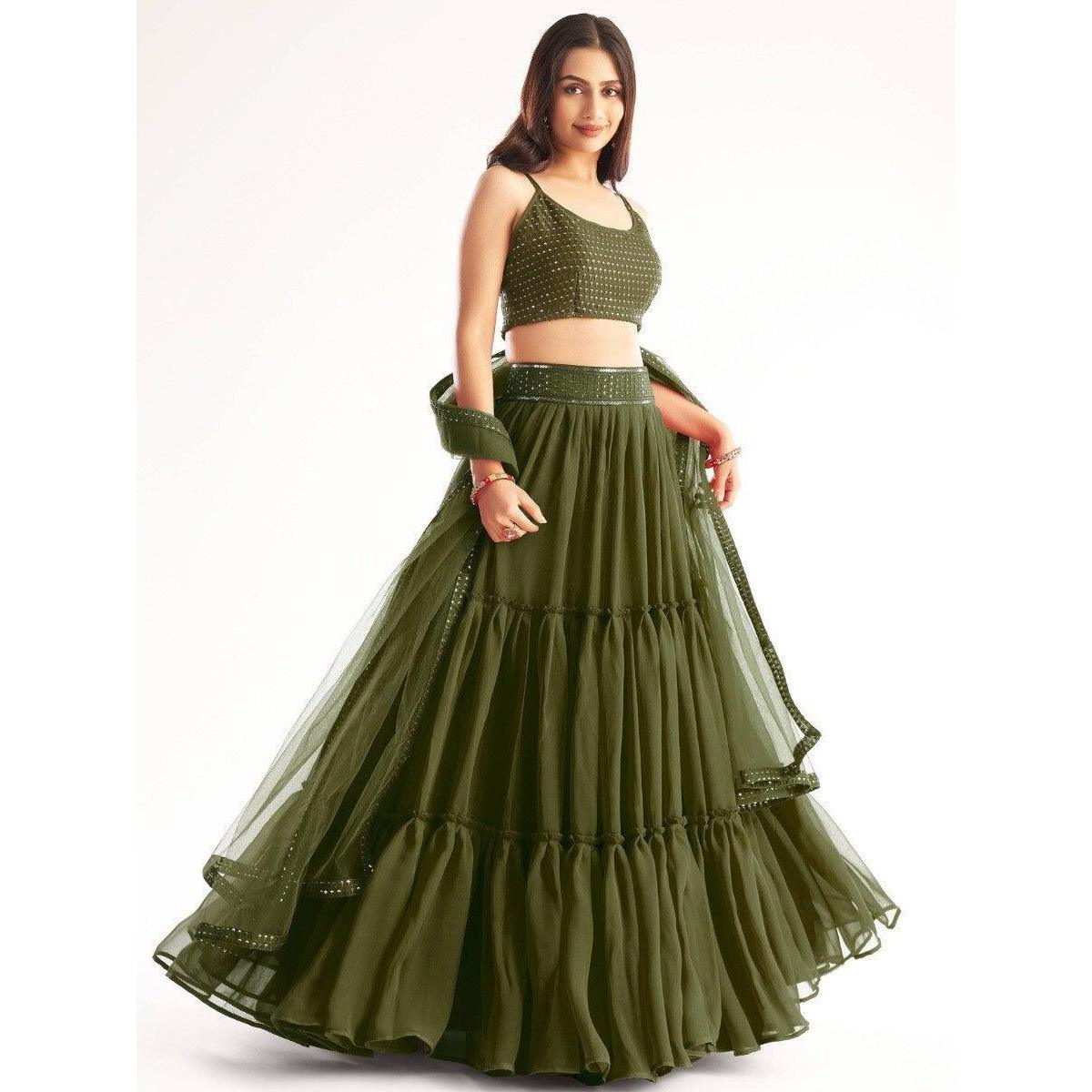 Captivating Mehndi Green Sequins Georgette Party Wear Lehenga Choli