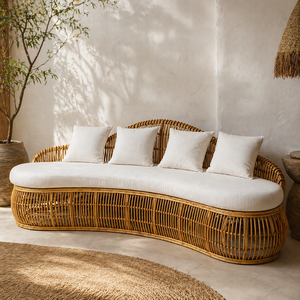 Curved Rattan Corner <b>Sofa</b> Set with <b>Foam</b> Filling Natural Finish for Living Room Leisure Seating - Product Image 3