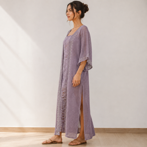 Robe longue kaftan mauve pour femme avec panneau transparent et bordure brodée, légère, style bohème, pour la plage, les vacances, décontractée, tunique longue de plage ou de resort - Product Image 2