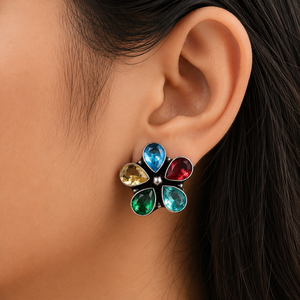 Envío Rápido, Pendientes de Plata Oxidada con Circonitas Multicolores en Forma de Flor |   Proveedor al por mayor de ropa floral tribal bohemia para mujer - Product Image 6