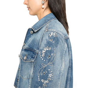 High Streetwear Vintage Washed Jean <b>Denim</b> <b>Jacket</b> for Women's Pearl Stone Custom Embroidery Logo Outerwear Trucker <b>Denim</b> <b>Jackets</b> - Product Image 3