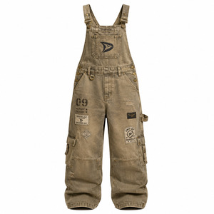Salopette cargo en denim délavé olive avec broderie d'insigne, unisexe, coupe large, style streetwear Cyber Y2K, pour grossistes - Product Image 2