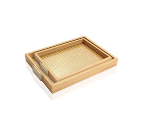 Elegante Bandeja Rectangular de 2 Piezas de Madera y Ratán, Adorno Decorativo para Cocina y Hogar a un Precio Accesible - Product Image 1