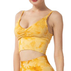 Women's Tie Dye Sports Bra Deep V-Neck Spaghetti Strap Medium Support Breathable Yoga <b>Top</b> Ribbed <b>Mesh</b> Print - Product Image 4