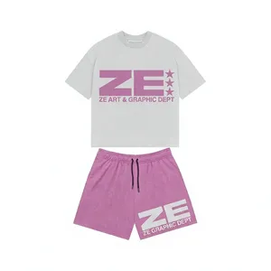 ZAINI Men's Summer 280 GSM Premium Polyester T Shirt 180 GSM Mesh Shorts White <b>Pink</b> Heavyweight Custom Printed Streetwear Set - Product Image 1