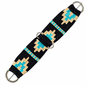 EQUIPRO WOOL CINCH Sangle de harnais en laine et cuir pour cheval, noir, bleu, beige, motif géométrique, anneaux métalliques, design tressé - Product Image 1