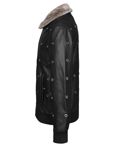 Veste de motard en cuir véritable pour homme de haute qualité, col en fausse fourrure, fermeture éclair, style moto, épaisse, noire, 220g, pour l'hiver - Product Image 4